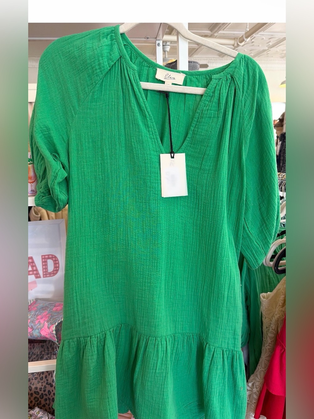 New with tags Green V-Neck Puff Sleeve Ruffle Hem Dress